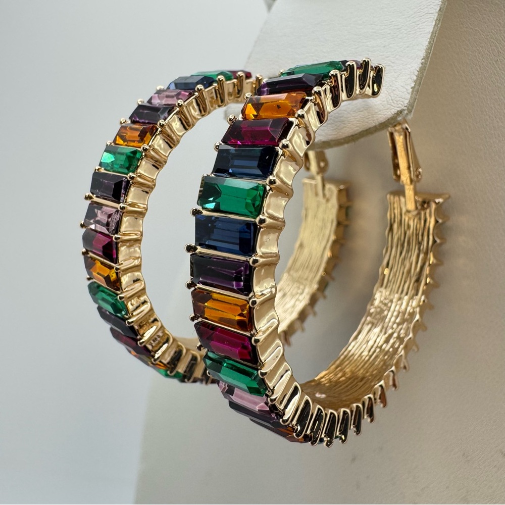 Gold Tone Multicolor Diamond CZ Hoop Earrings Baguette Statement Glam